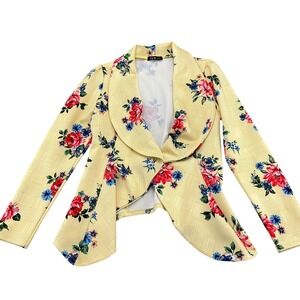 Statement Jacket Women Medium Yellow Multi Plaid Floral Flyaway 80s VTG‎ USA
